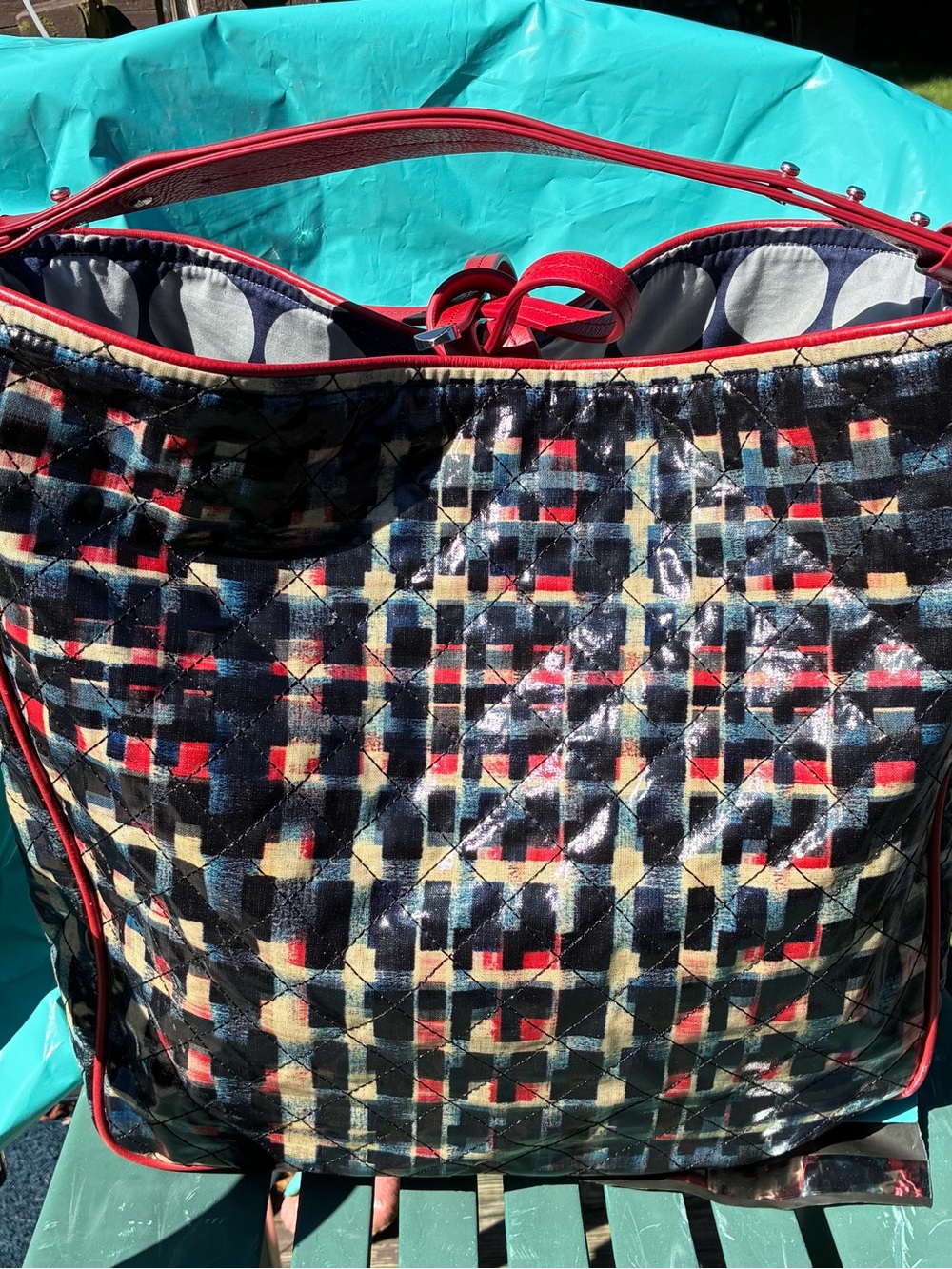 Vera Bradley Quilted Tote in Black, Red, Cream & Blue Plaid